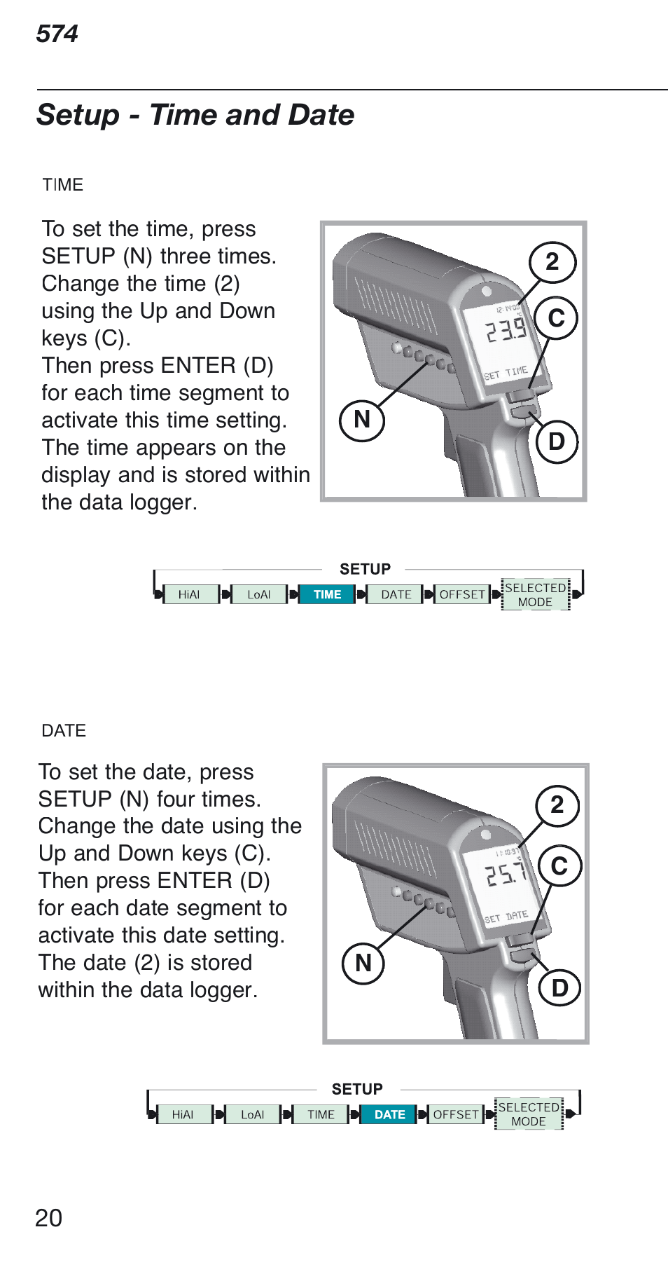 Setup - time and date | Fluke 574 User Manual | Page 20 / 32