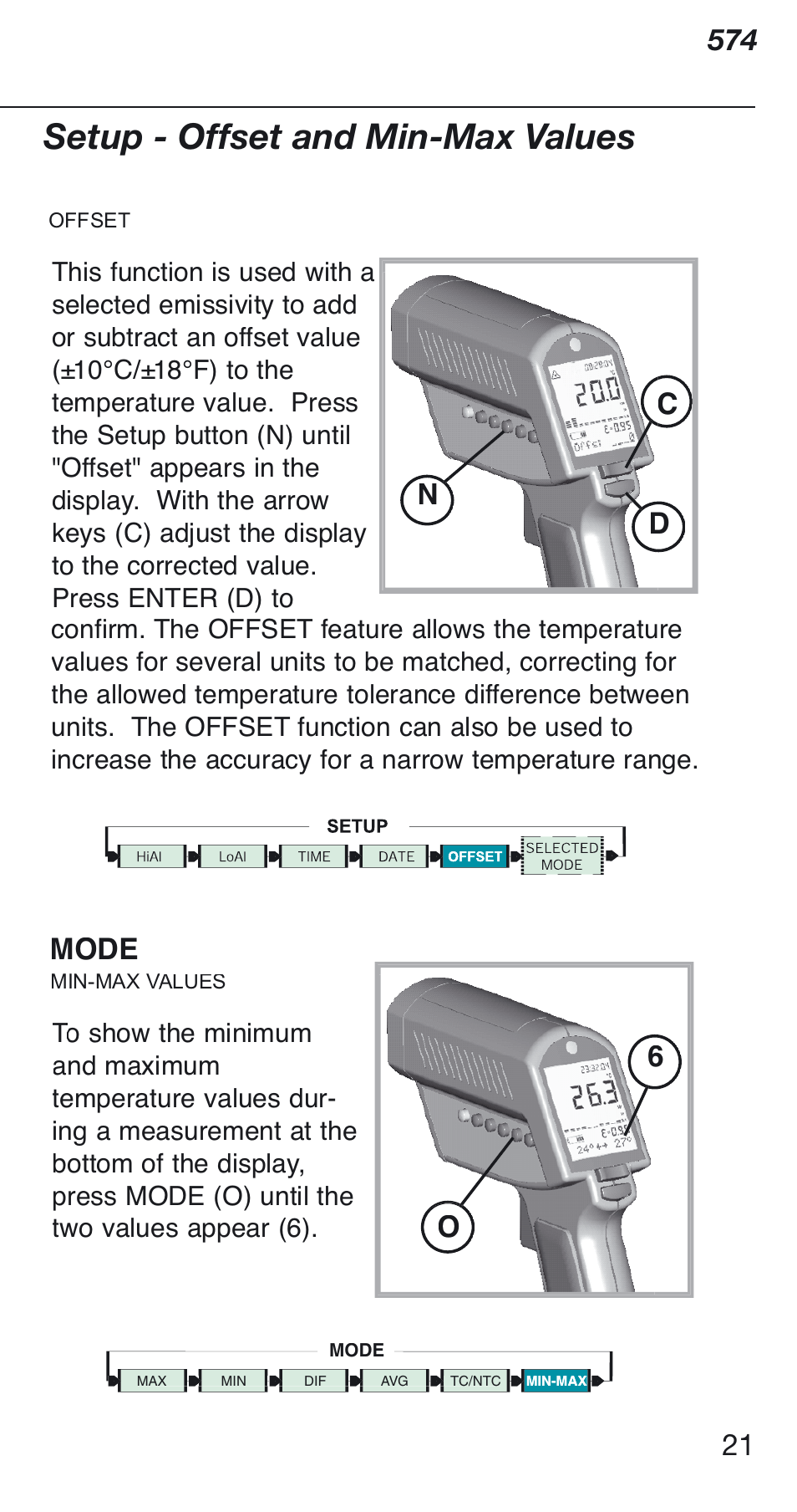 Setup - offset and min-max values, O6 n d c, Mode | Fluke 574 User Manual | Page 21 / 32