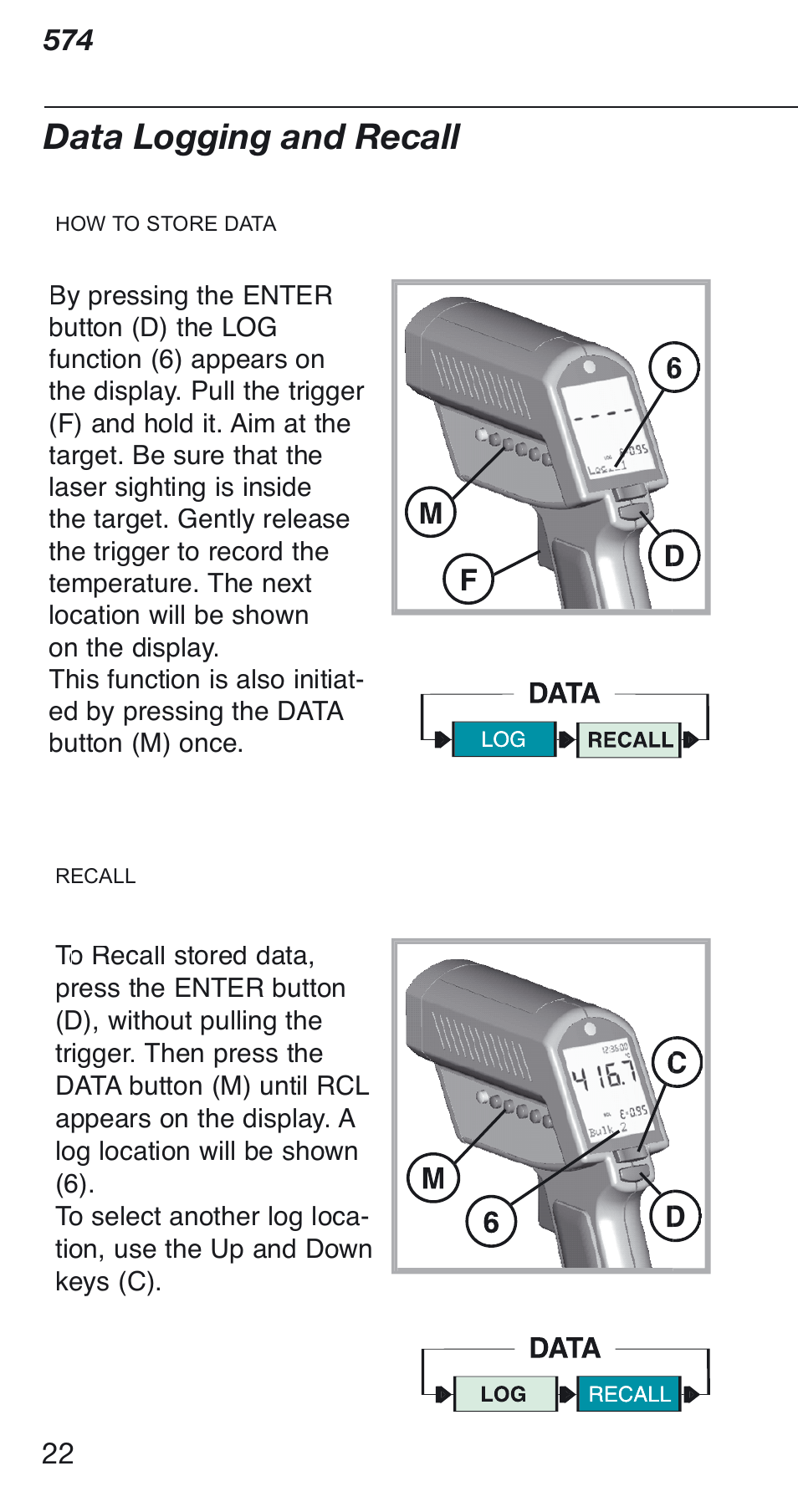 Data logging and recall | Fluke 574 User Manual | Page 22 / 32