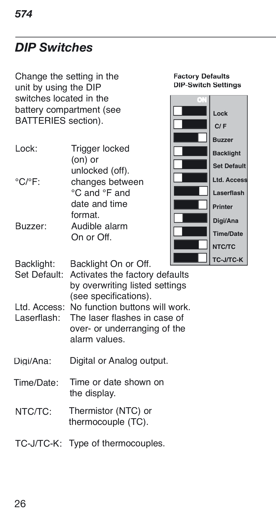 Dip switches | Fluke 574 User Manual | Page 26 / 32