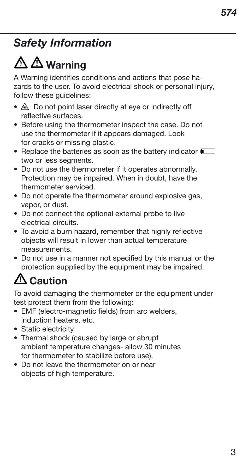 Safety information, Warning, Caution | Fluke 574 User Manual | Page 3 / 32