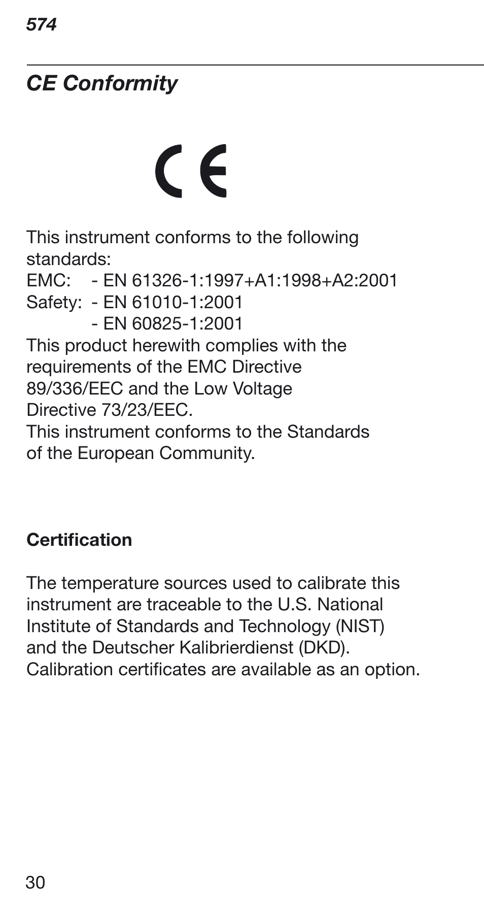 Ce conformity | Fluke 574 User Manual | Page 30 / 32