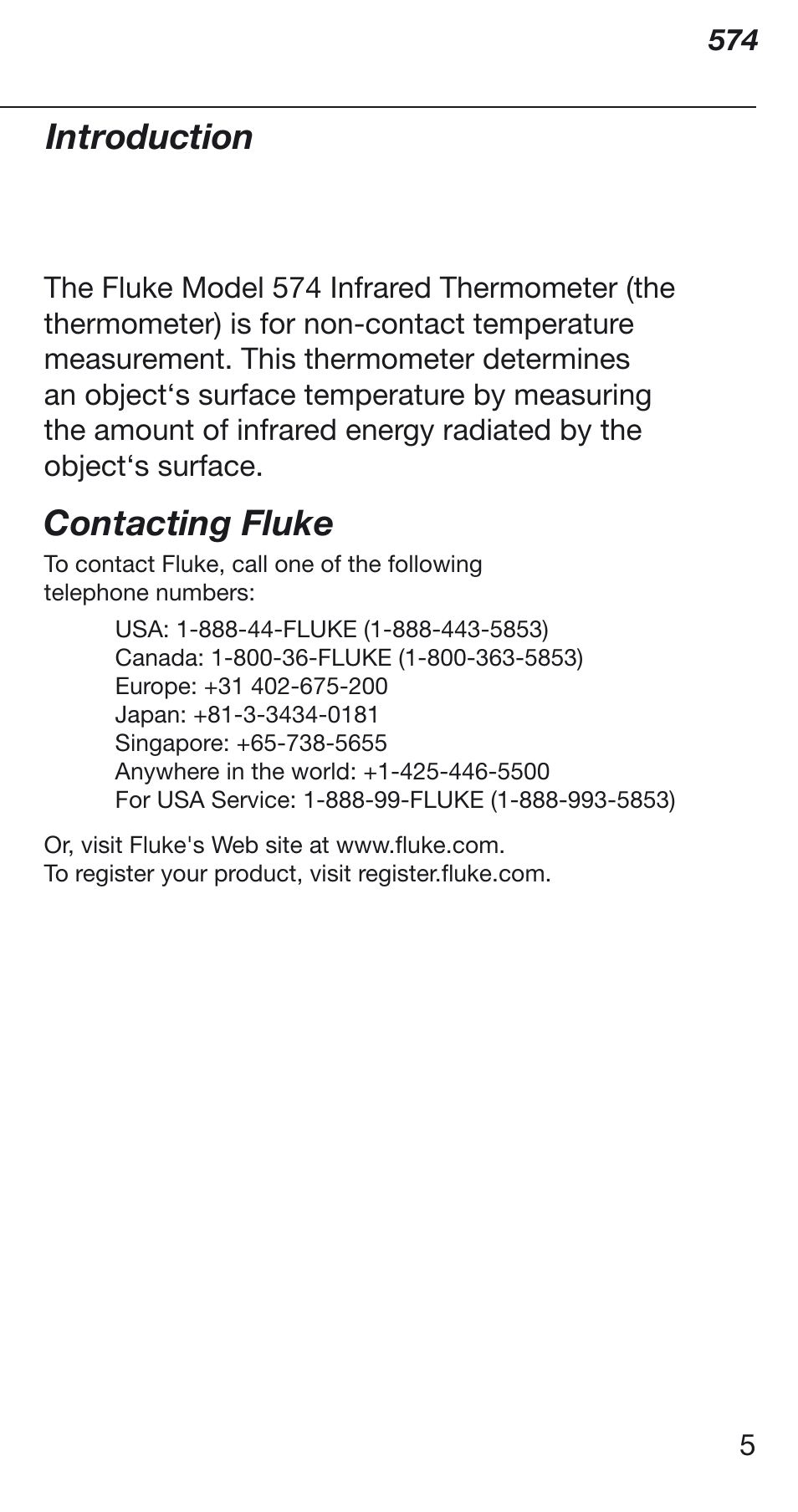 Introduction, Contacting fluke | Fluke 574 User Manual | Page 5 / 32