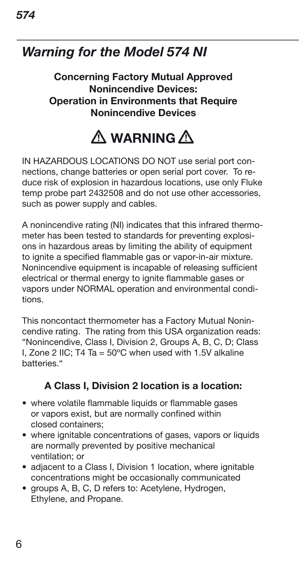 Warning for the model 574 ni, Warning | Fluke 574 User Manual | Page 6 / 32