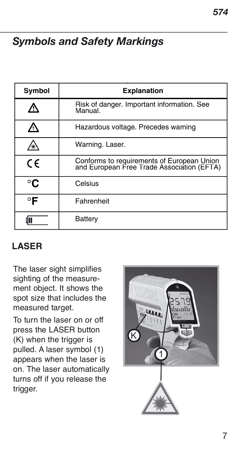 Symbols and safety markings | Fluke 574 User Manual | Page 7 / 32
