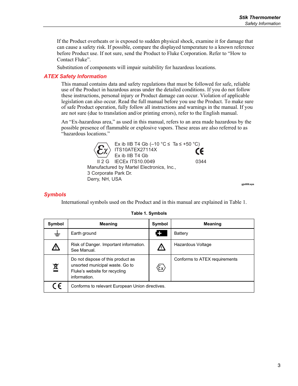 Atex safety information, Symbols | Fluke 1552A EX User Manual | Page 11 / 22