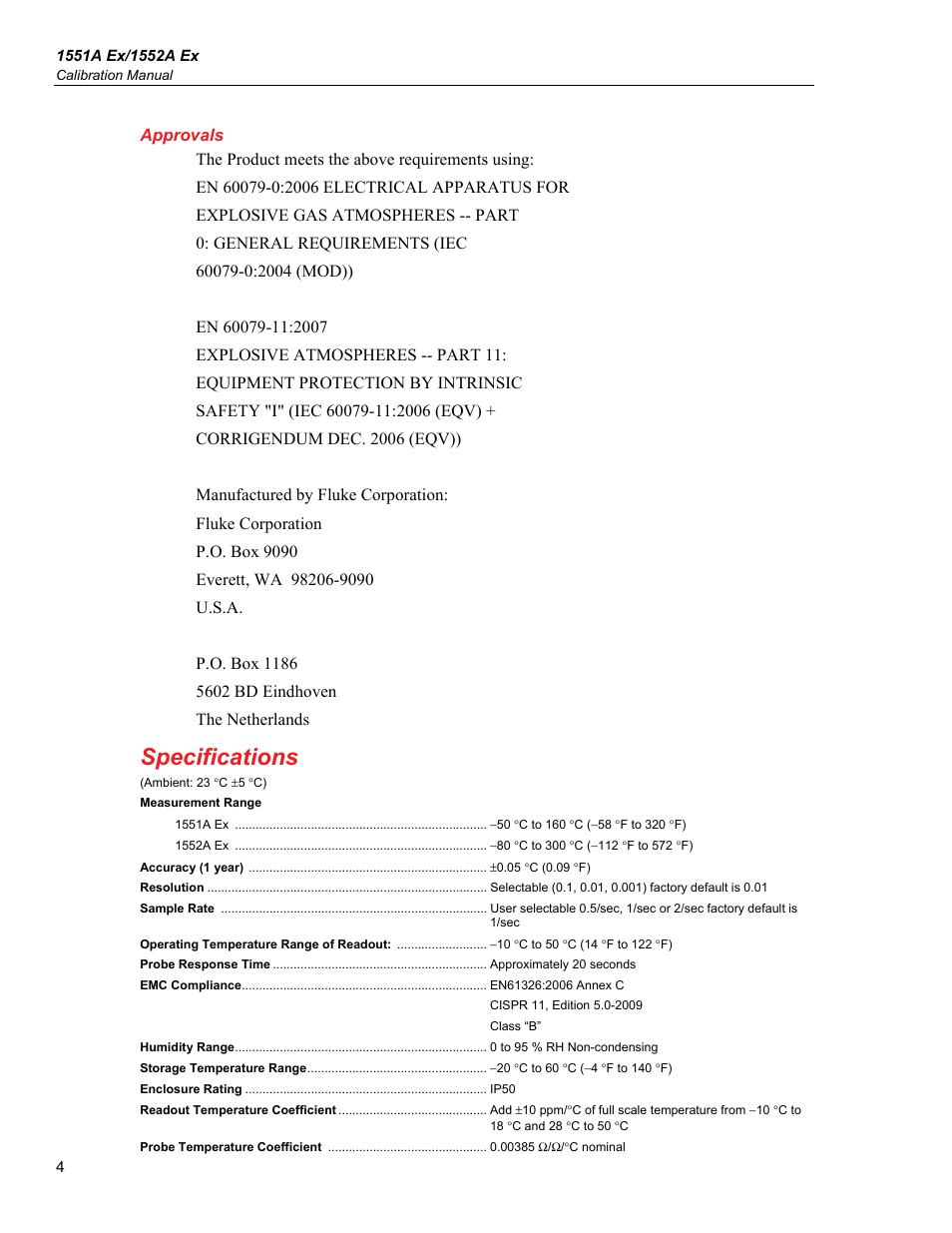 Approvals, Specifications | Fluke 1552A EX User Manual | Page 12 / 22