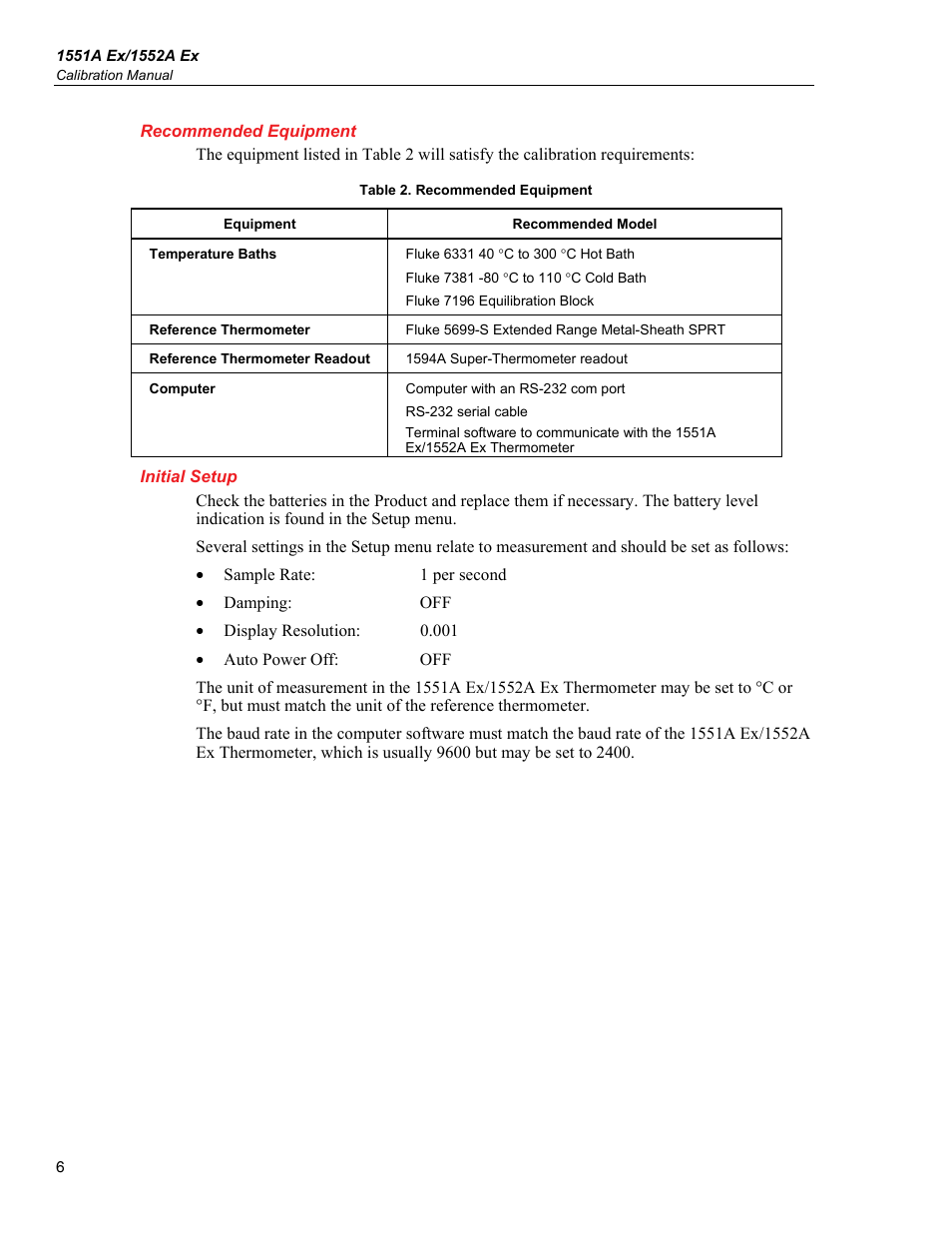 Recommended equipment, Initial setup | Fluke 1552A EX User Manual | Page 14 / 22