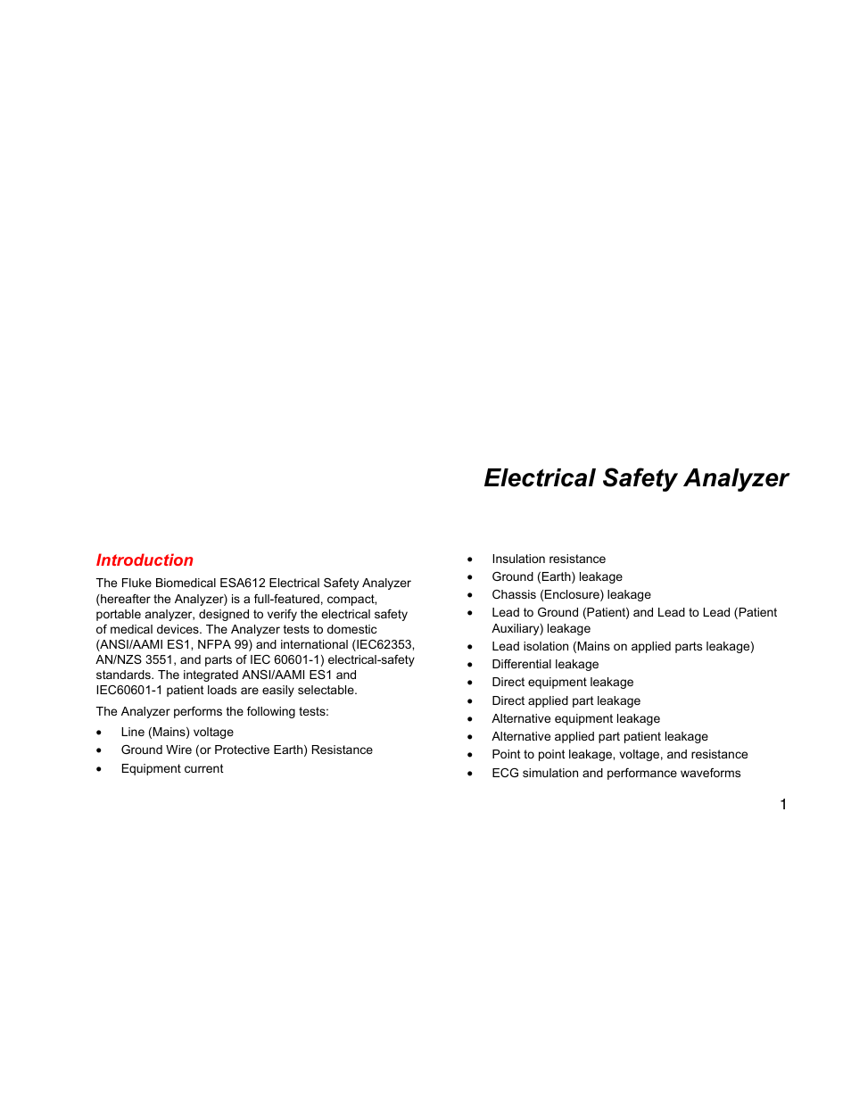 Introduction, Electrical safety analyzer | Fluke ESA612 User Manual | Page 15 / 78