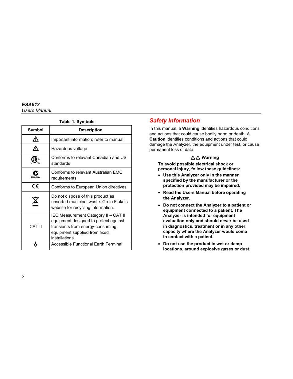 Safety information | Fluke ESA612 User Manual | Page 16 / 78