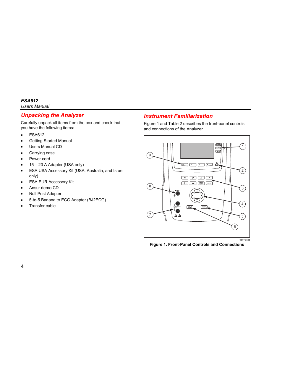 Unpacking the analyzer, Instrument familiarization | Fluke ESA612 User Manual | Page 18 / 78