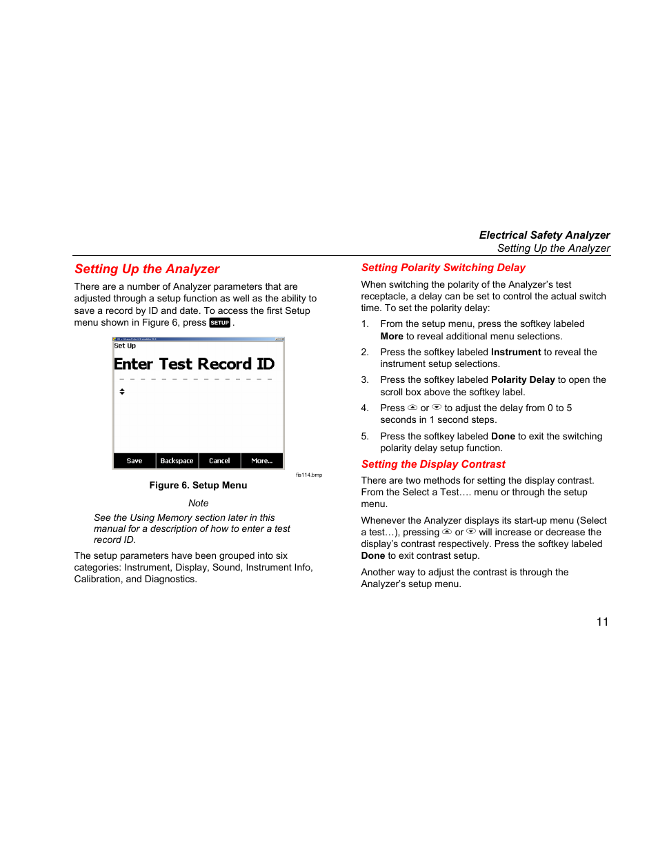 Setting up the analyzer, Setting polarity switching delay, Setting the display contrast | Fluke ESA612 User Manual | Page 25 / 78