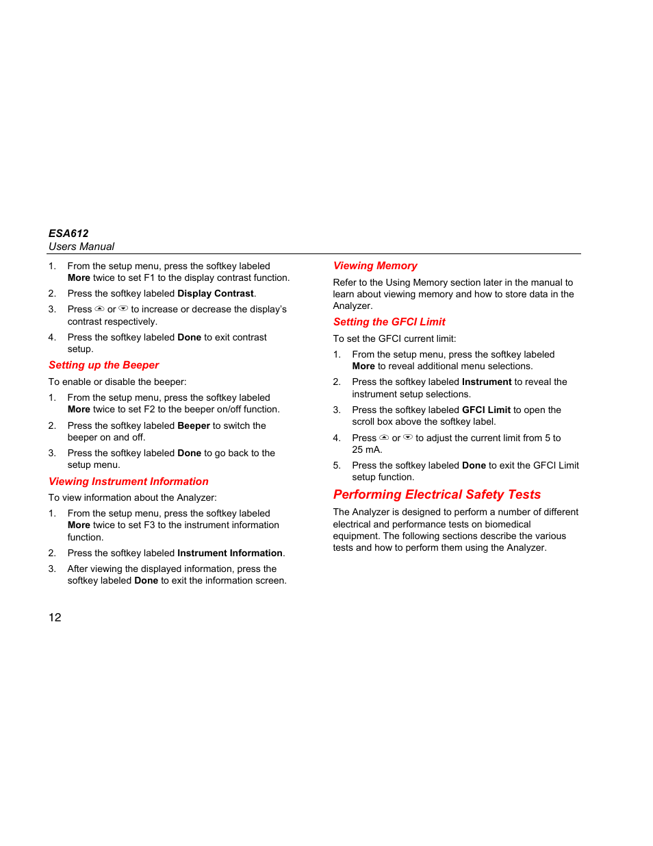 Setting up the beeper, Viewing instrument information, Viewing memory | Setting the gfci limit, Performing electrical safety tests | Fluke ESA612 User Manual | Page 26 / 78