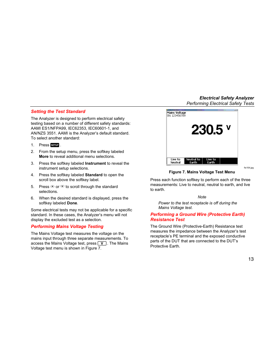 Setting the test standard, Performing mains voltage testing | Fluke ESA612 User Manual | Page 27 / 78