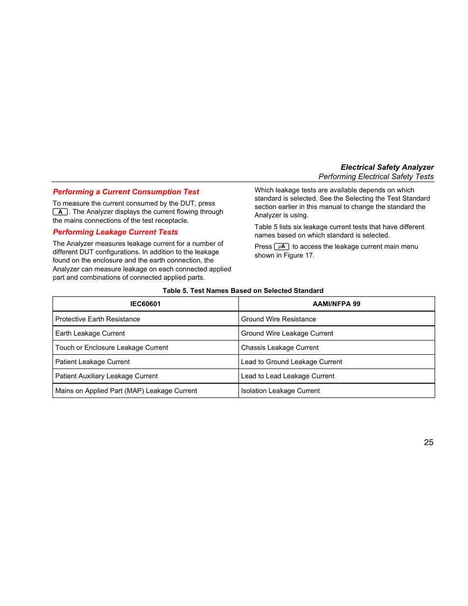 Performing a current consumption test, Performing leakage current tests | Fluke ESA612 User Manual | Page 39 / 78