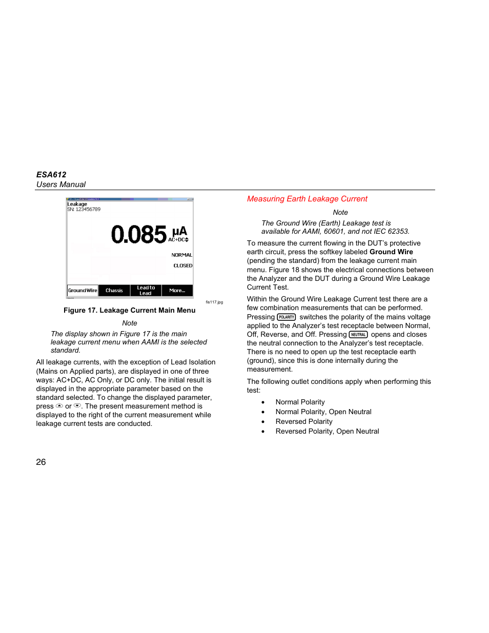 Measuring earth leakage current | Fluke ESA612 User Manual | Page 40 / 78