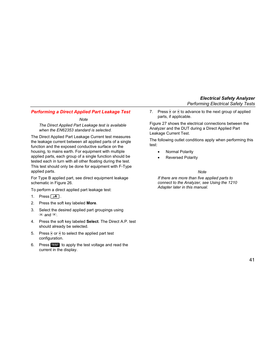 Performing a direct applied part leakage test | Fluke ESA612 User Manual | Page 55 / 78