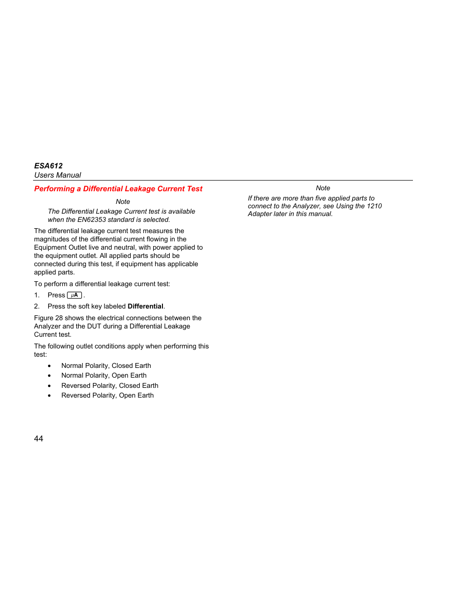 Performing a differential leakage current test | Fluke ESA612 User Manual | Page 58 / 78