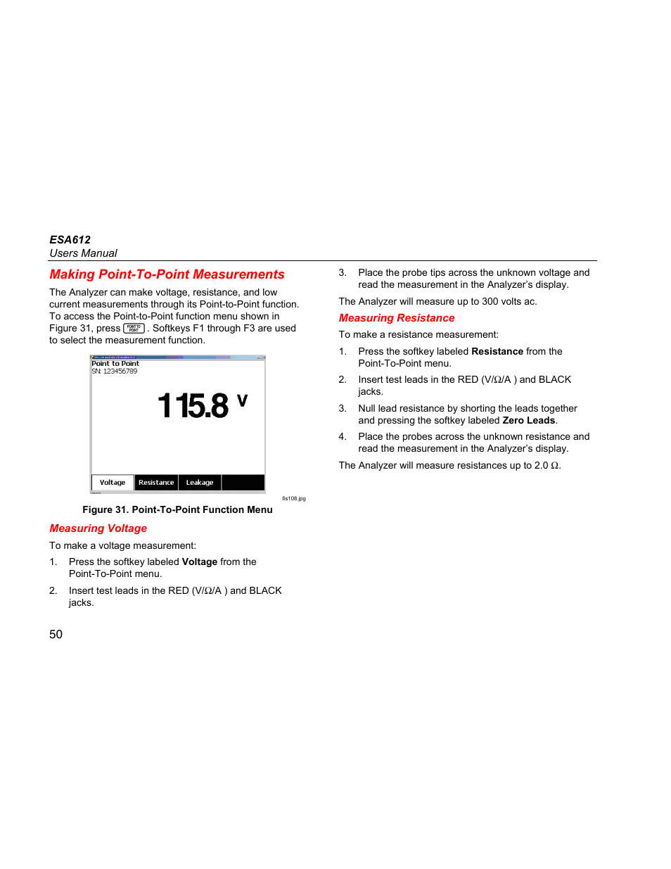 Making point-to-point measurements, Measuring voltage, Measuring resistance | Fluke ESA612 User Manual | Page 64 / 78