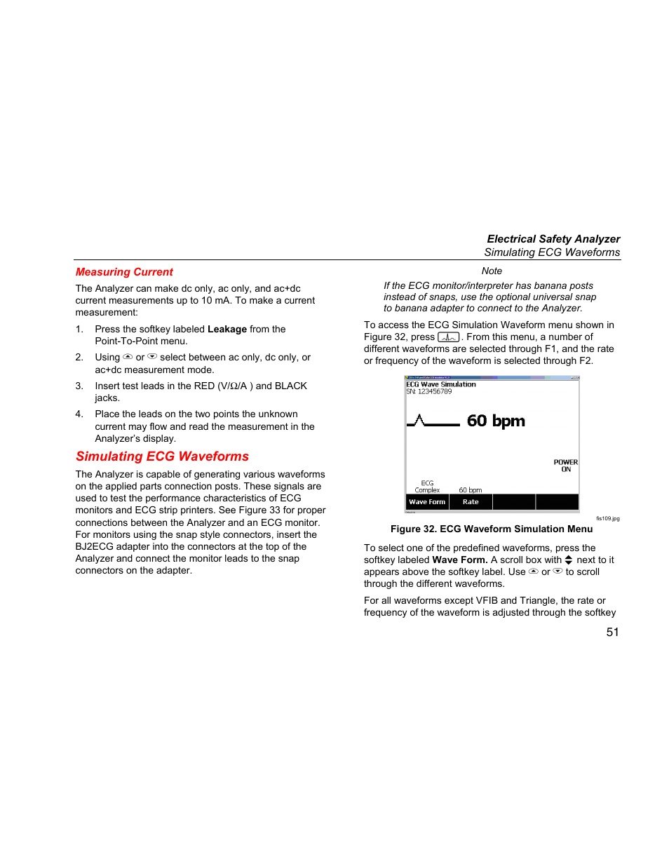 Measuring current, Simulating ecg waveforms | Fluke ESA612 User Manual | Page 65 / 78