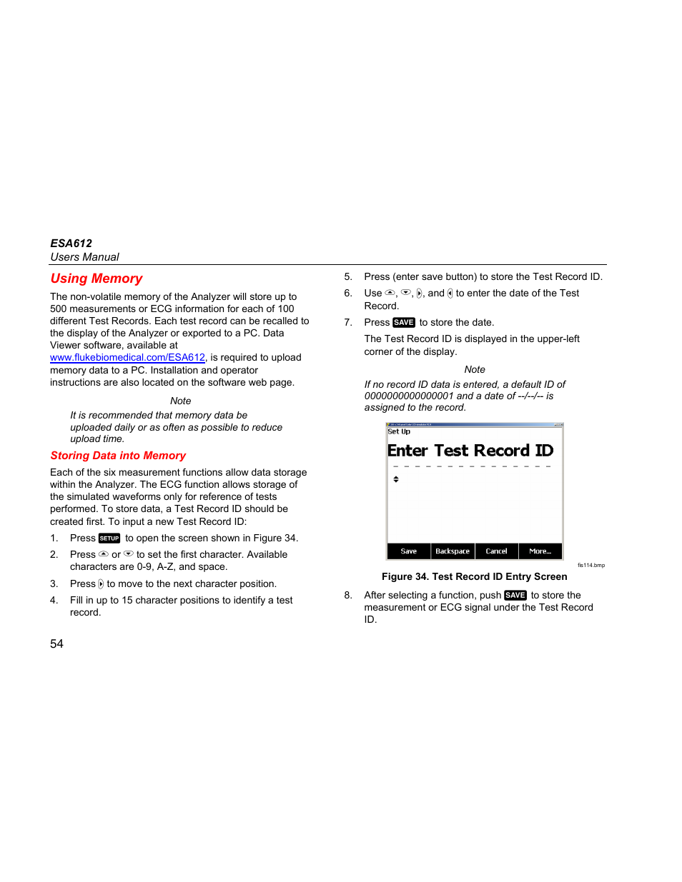 Using memory, Storing data into memory | Fluke ESA612 User Manual | Page 68 / 78