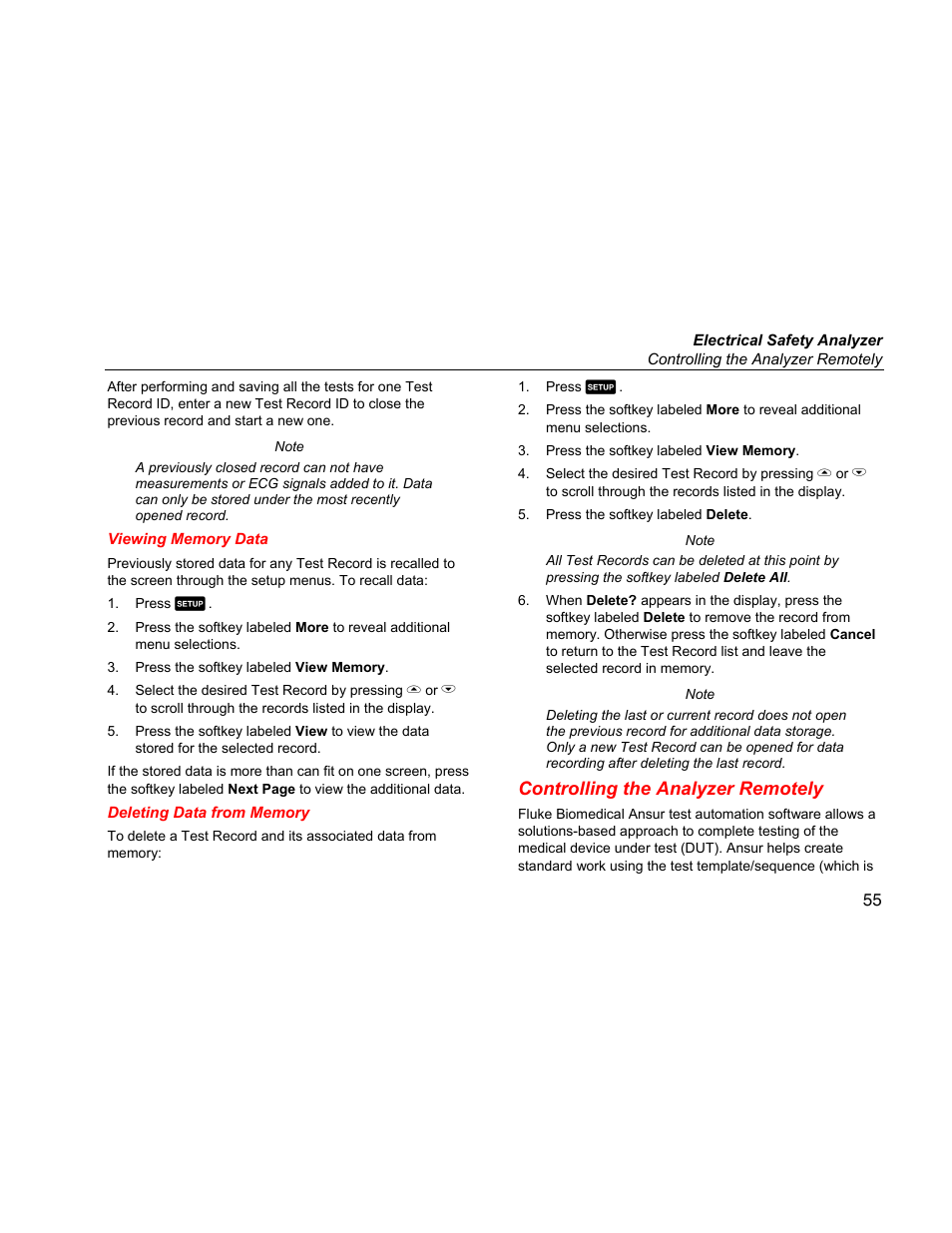 Viewing memory data, Deleting data from memory, Controlling the analyzer remotely | Fluke ESA612 User Manual | Page 69 / 78