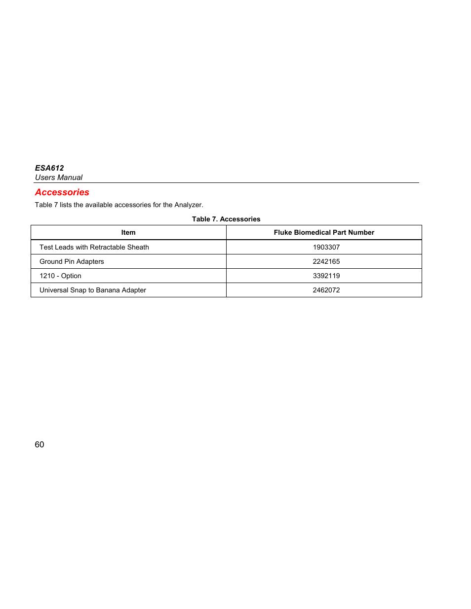 Accessories | Fluke ESA612 User Manual | Page 74 / 78