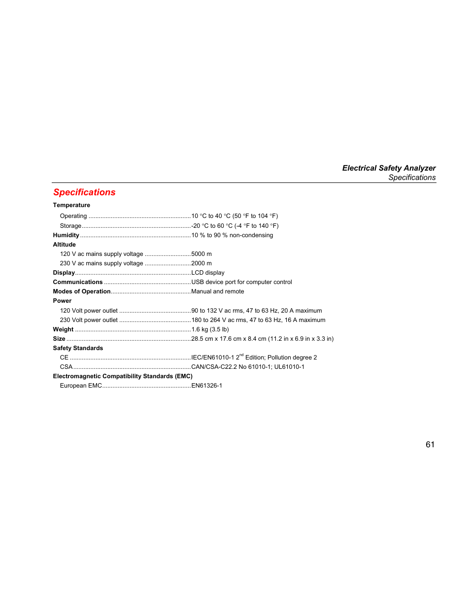 Specifications | Fluke ESA612 User Manual | Page 75 / 78