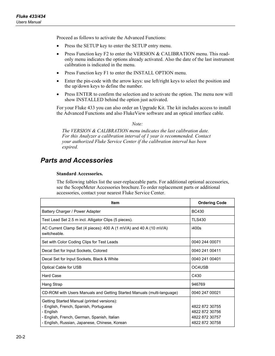 Parts and accessories | Fluke 434 User Manual | Page 100 / 122