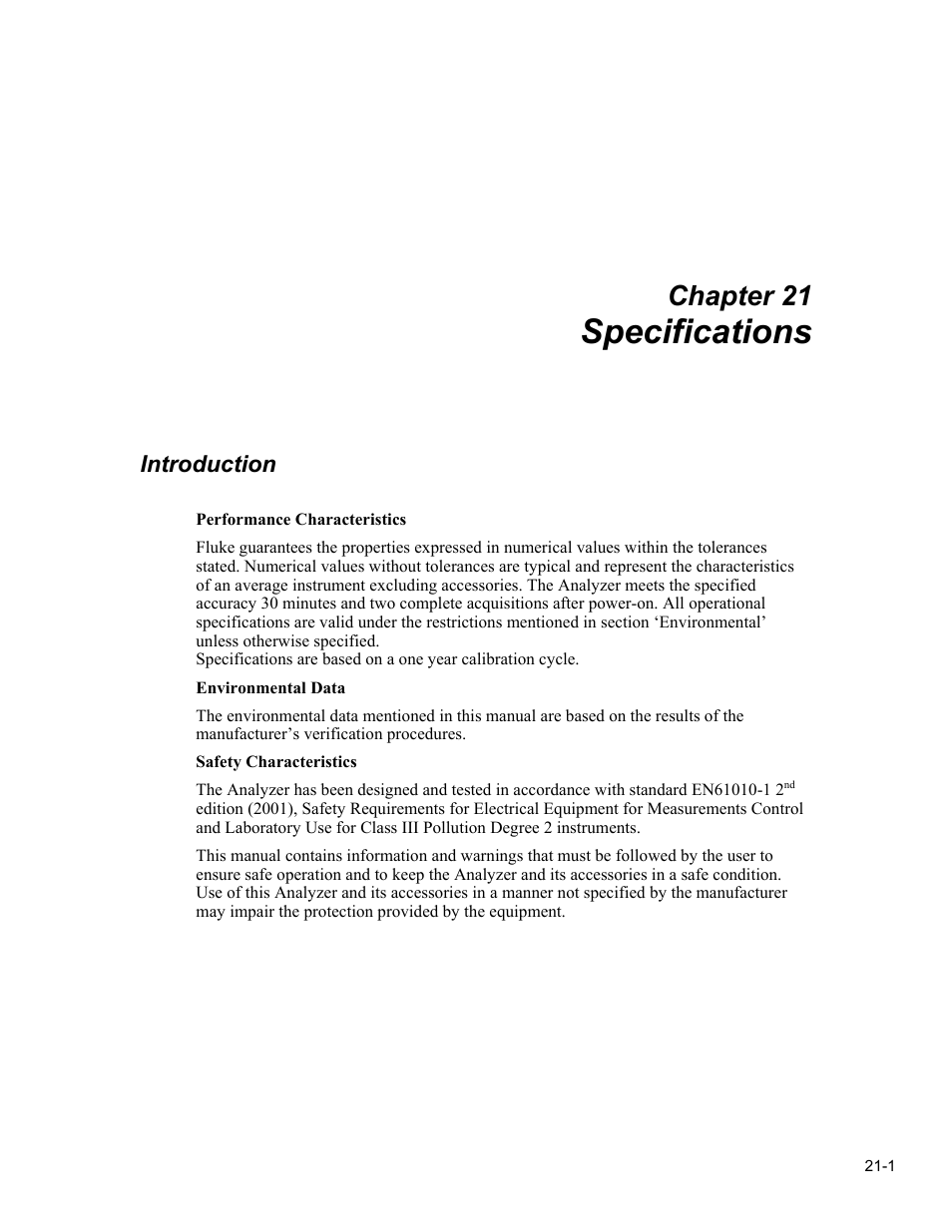 Specifications, Chapter 21, Introduction | Fluke 434 User Manual | Page 103 / 122