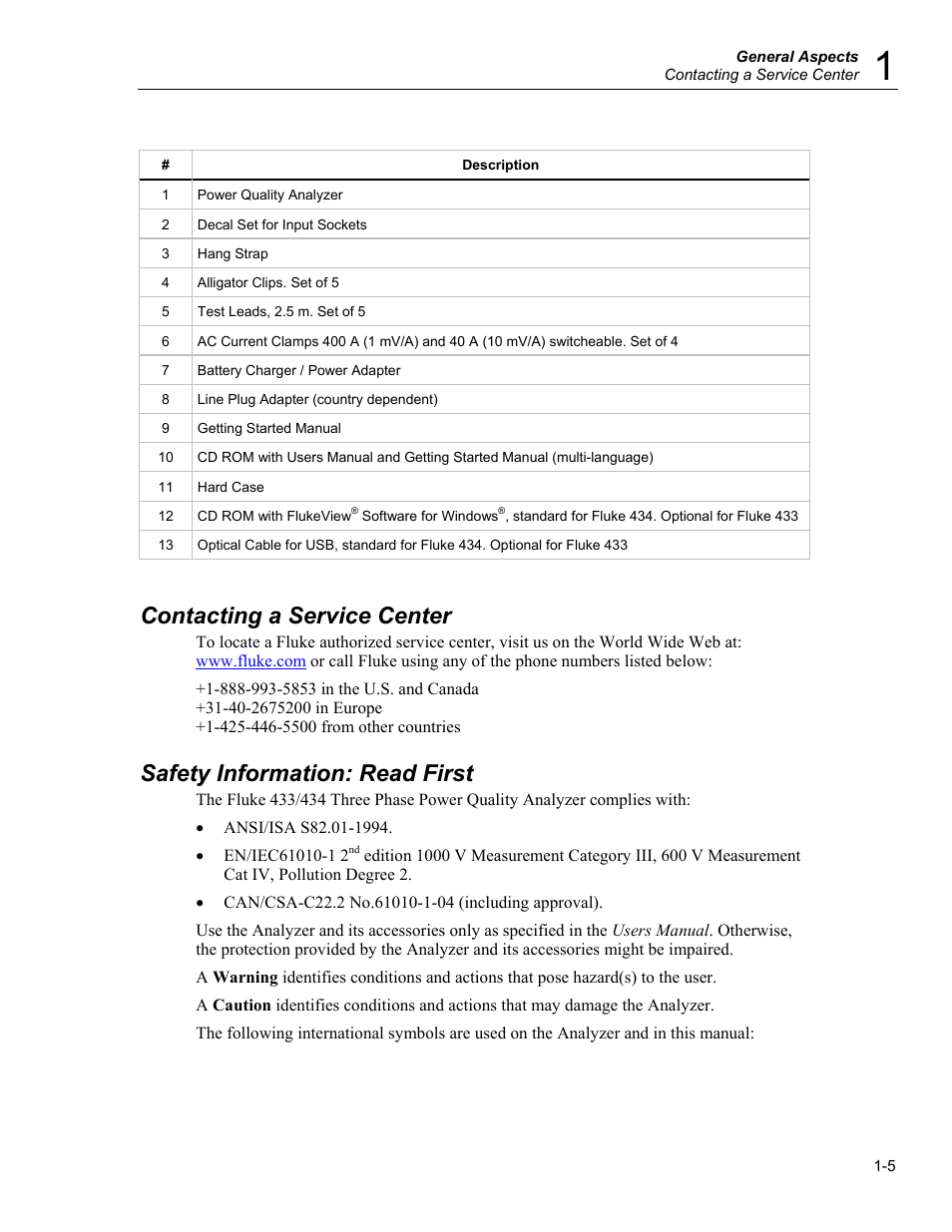 Safety information: read first, Contacting a service center | Fluke 434 User Manual | Page 11 / 122