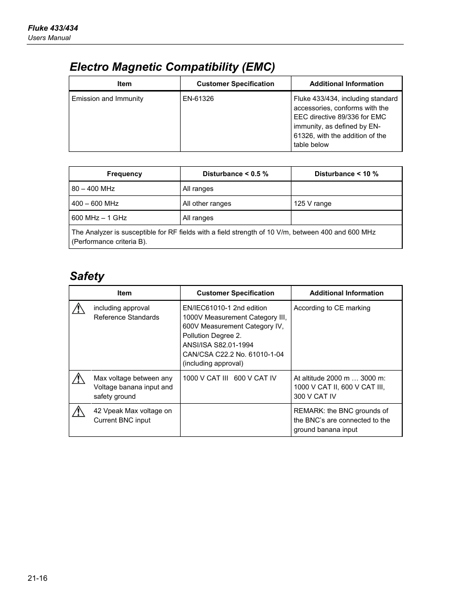 Electro magnetic compatibility (emc), Safety | Fluke 434 User Manual | Page 118 / 122