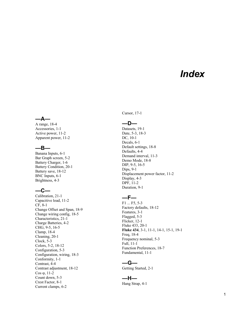 Index | Fluke 434 User Manual | Page 119 / 122