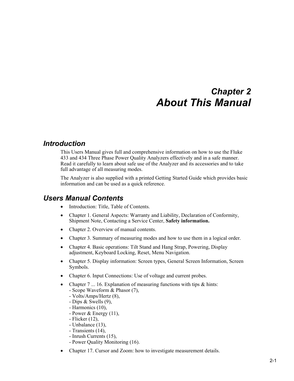 About this manual, Chapter 2, Introduction | Users manual contents | Fluke 434 User Manual | Page 15 / 122