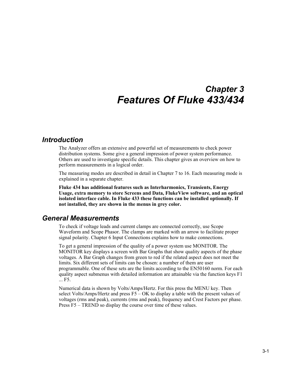 Features of fluke 433/434, Chapter 3, Introduction | General measurements | Fluke 434 User Manual | Page 17 / 122