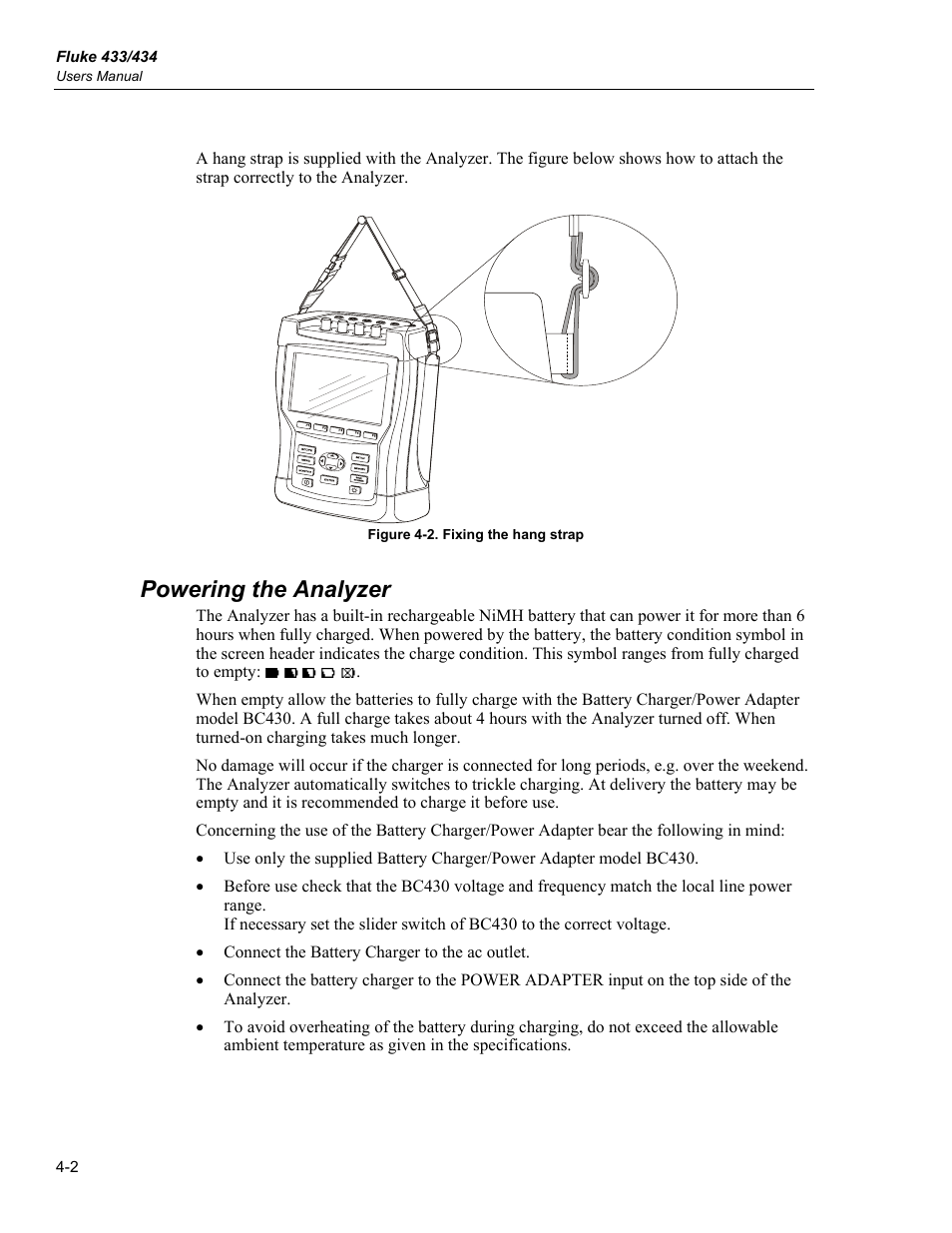 Powering the analyzer | Fluke 434 User Manual | Page 20 / 122