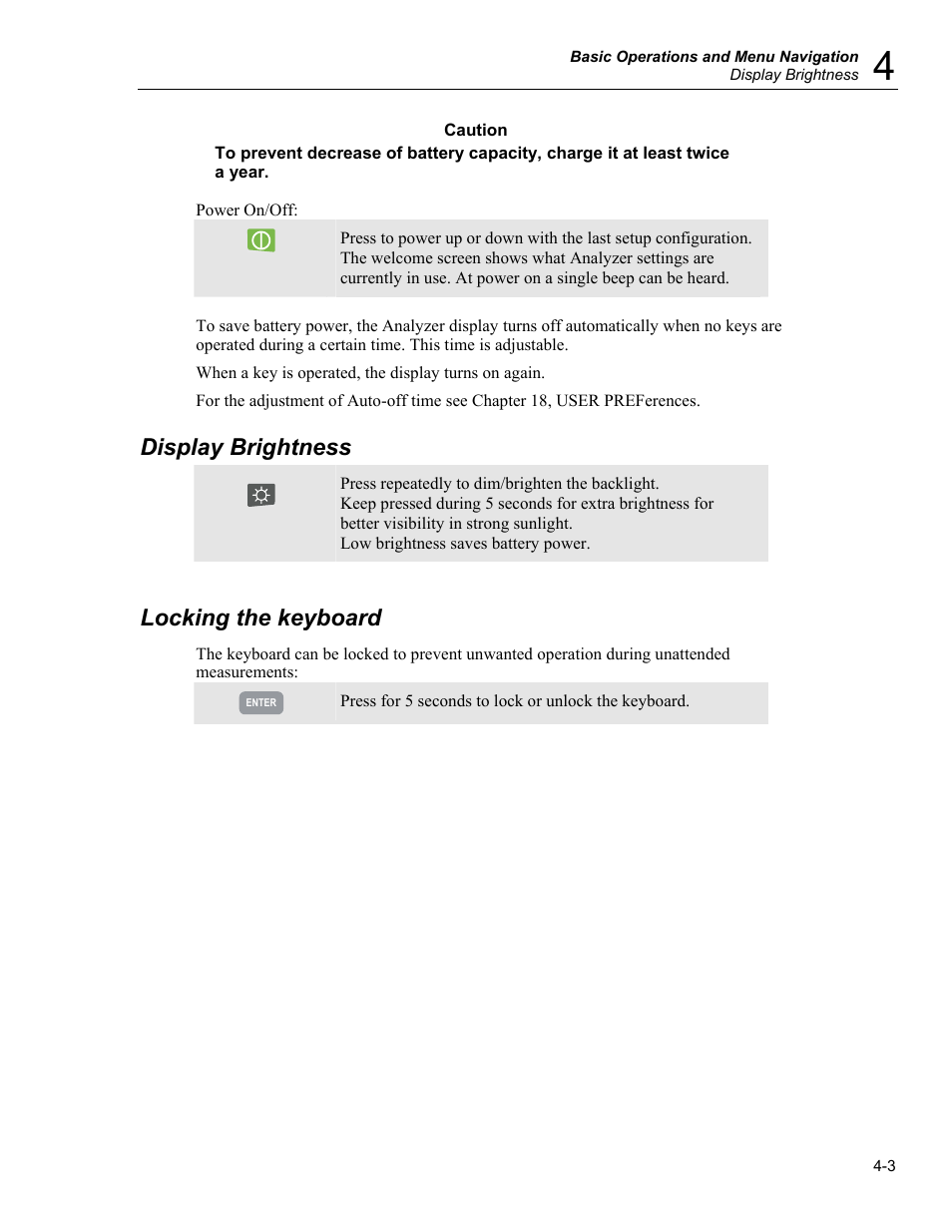 Display brightness, Locking the keyboard | Fluke 434 User Manual | Page 21 / 122