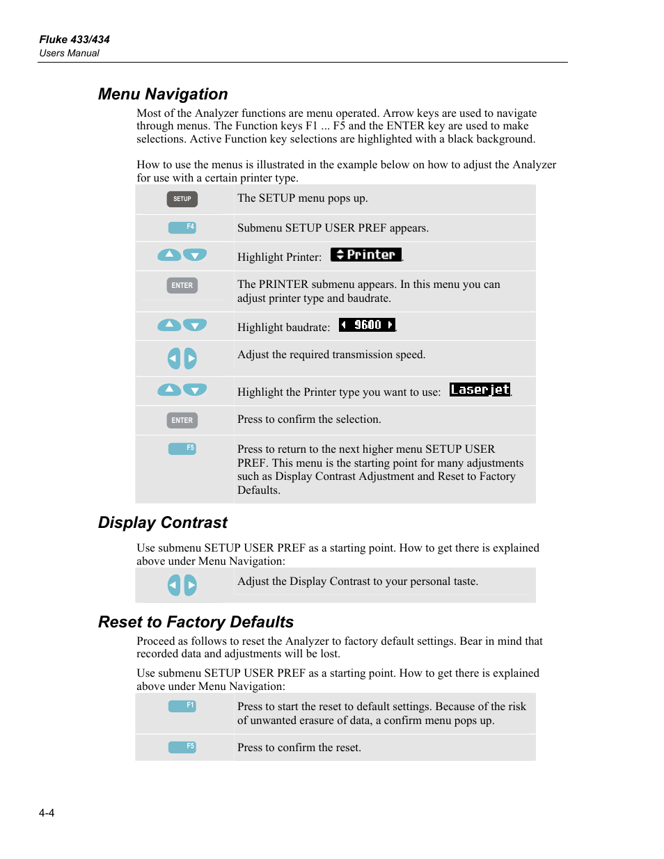 Menu navigation, Display contrast, Reset to factory defaults | Fluke 434 User Manual | Page 22 / 122
