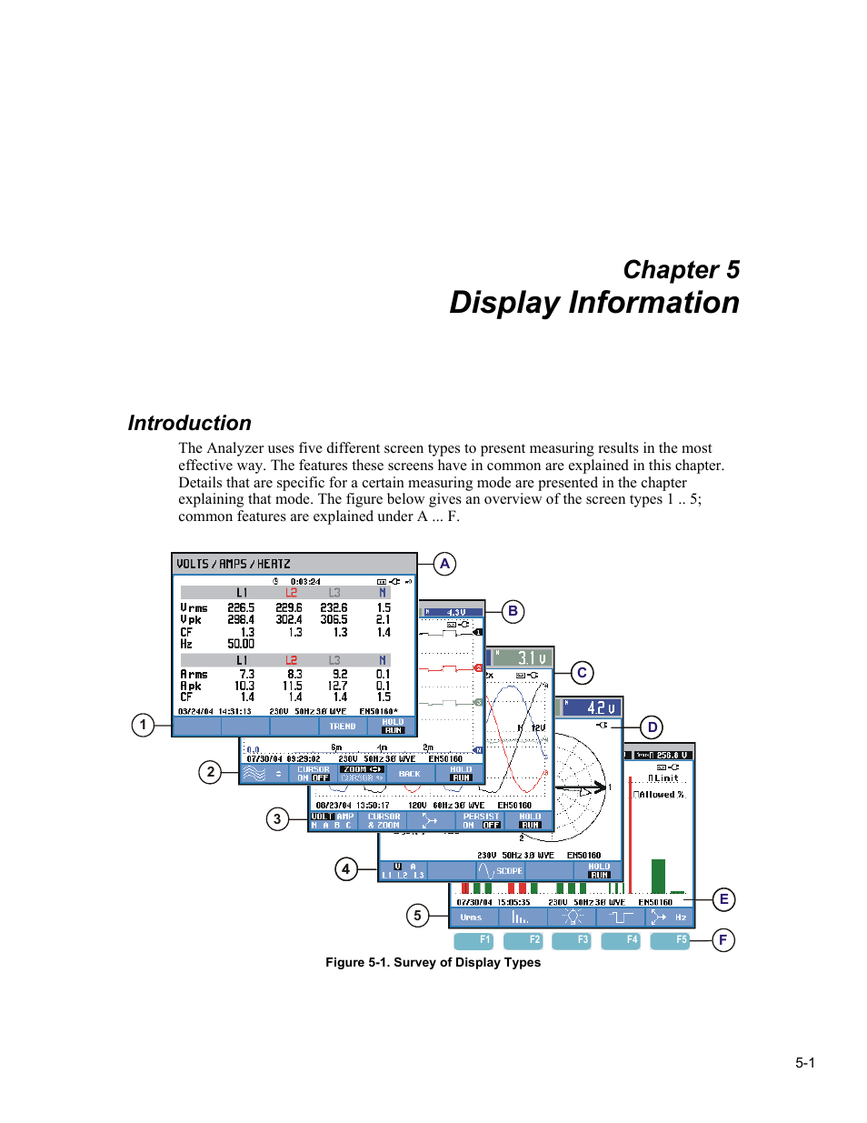 Display information, Chapter 5, Introduction | Fluke 434 User Manual | Page 23 / 122