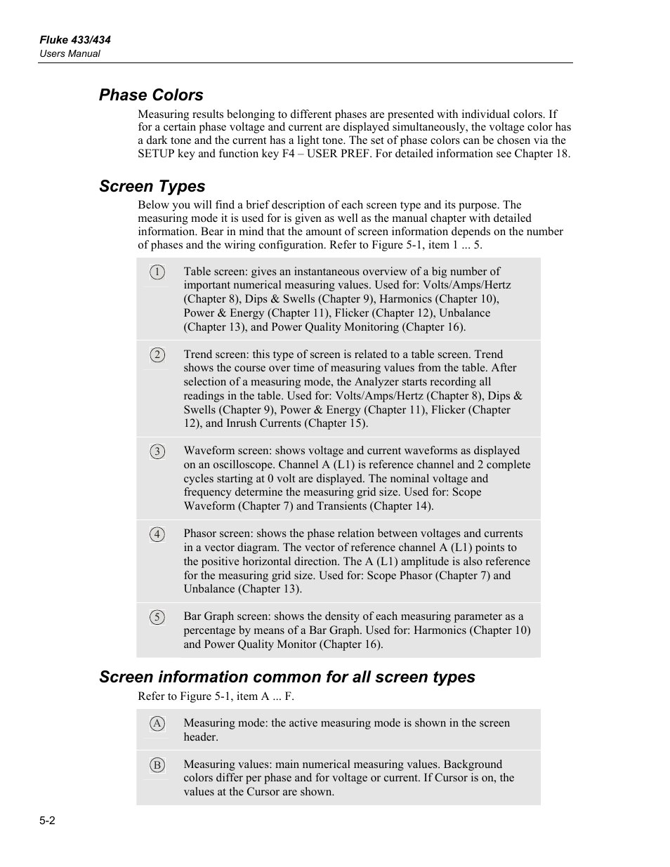 Phase colors, Screen types, Screen information common for all screen types | Fluke 434 User Manual | Page 24 / 122