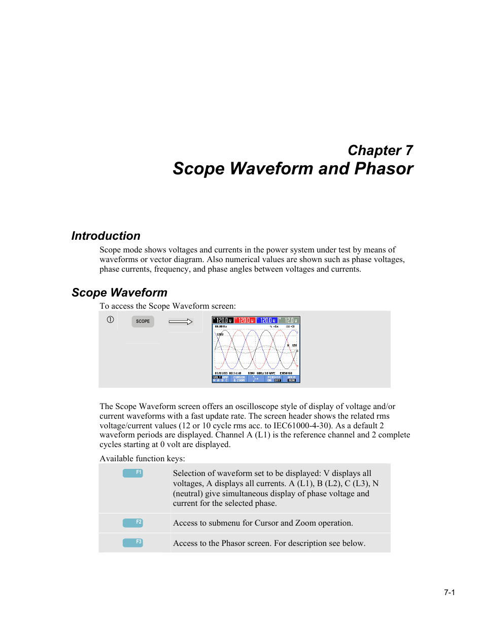 Scope waveform and phasor, Chapter 7, Introduction | Scope waveform | Fluke 434 User Manual | Page 31 / 122