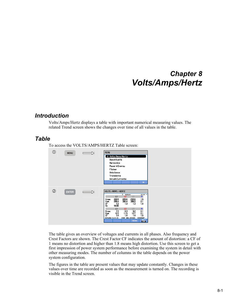 Volts/amps/hertz, Chapter 8, Introduction | Table | Fluke 434 User Manual | Page 33 / 122
