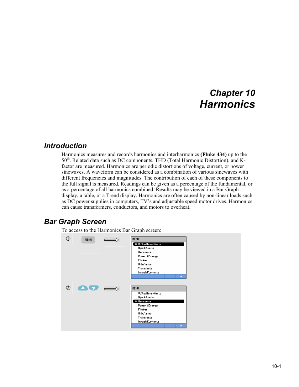Harmonics, Chapter 10, Introduction | Bar graph screen | Fluke 434 User Manual | Page 43 / 122
