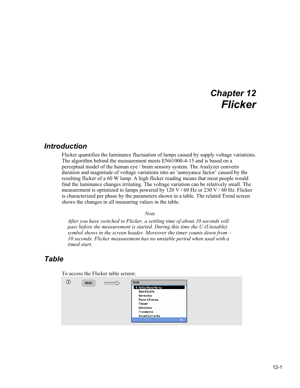 Flicker, Chapter 12, Introduction | Table | Fluke 434 User Manual | Page 51 / 122
