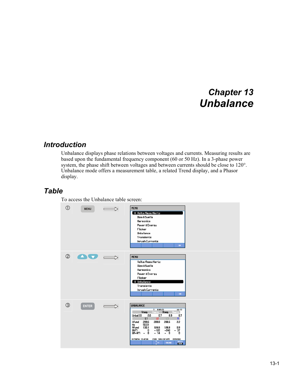 Unbalance, Chapter 13, Introduction | Table | Fluke 434 User Manual | Page 55 / 122
