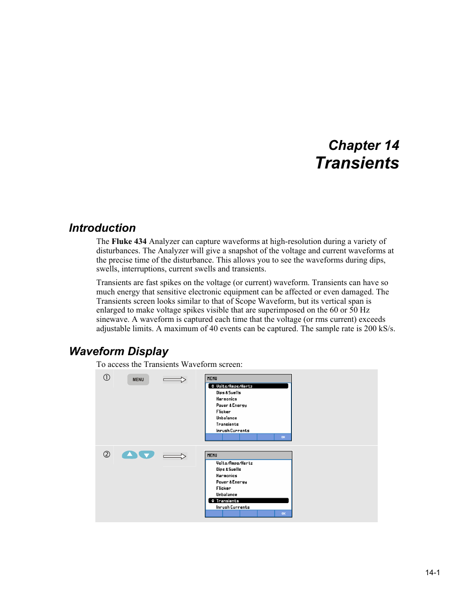 Transients, Chapter 14, Introduction | Waveform display | Fluke 434 User Manual | Page 59 / 122