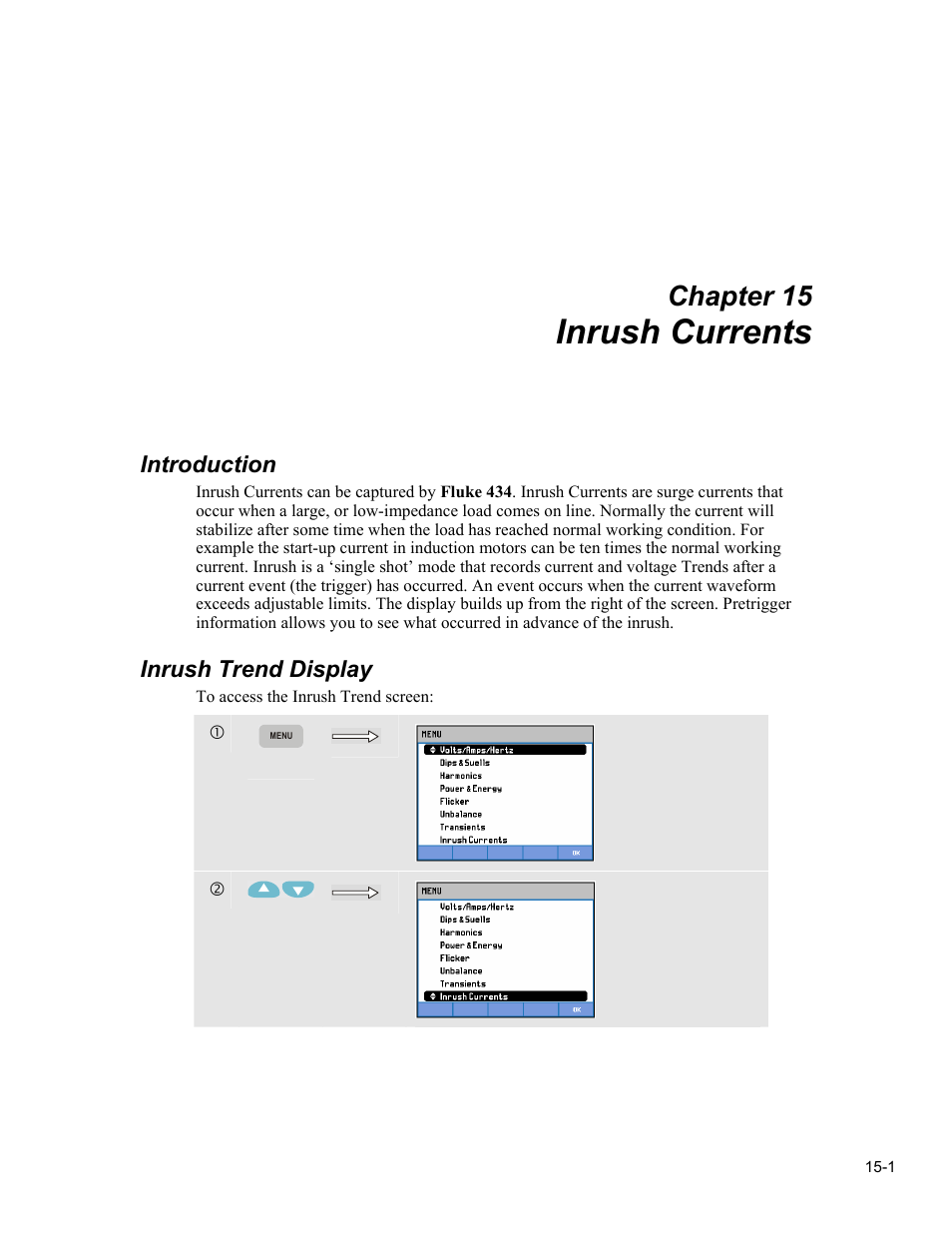 Inrush currents, Chapter 15, Introduction | Inrush trend display | Fluke 434 User Manual | Page 63 / 122