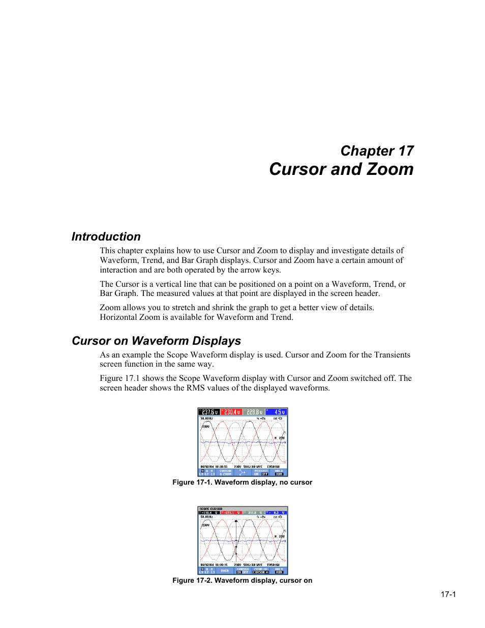Cursor and zoom, Chapter 17, Introduction | Cursor on waveform displays | Fluke 434 User Manual | Page 75 / 122