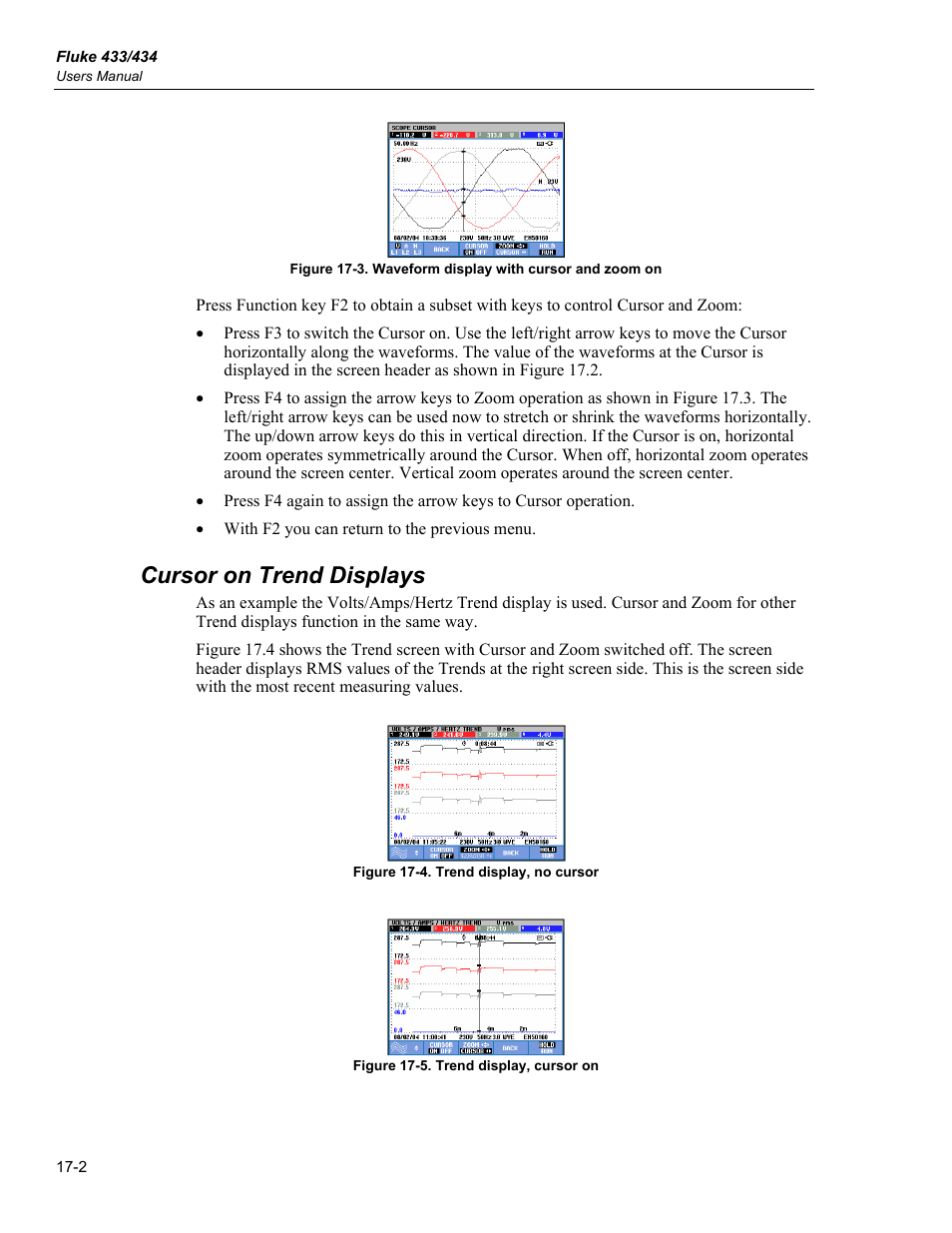 Cursor on trend displays | Fluke 434 User Manual | Page 76 / 122