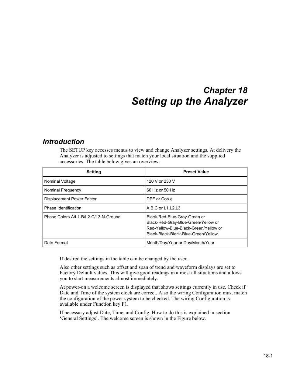 Setting up the analyzer, Chapter 18, Introduction | Fluke 434 User Manual | Page 79 / 122